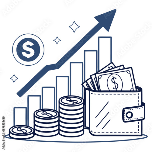 Increasing financial growth with money and rising graph