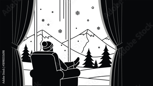 Person wearing a winter hat relaxes in an armchair by a large window overlooking a snowy landscape with pine trees and mountain peaks at night.