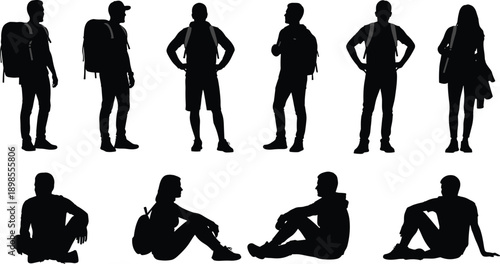 Backpacker people silhouette set, standing and sitting hikers with backpacks, travel lifestyle poses, adventure tourism concept, black vector illustration