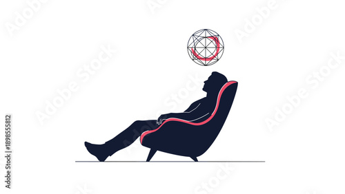 Silhouette of a man sitting in a modern lounge chair under a glowing geometric light fixture in a minimalist interior design setting.