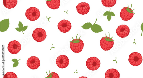 Seamless pattern of ripe red raspberries and green leaves on a white background for summer food packaging, textile prints, kitchen wallpaper, and healthy organic fruit design.