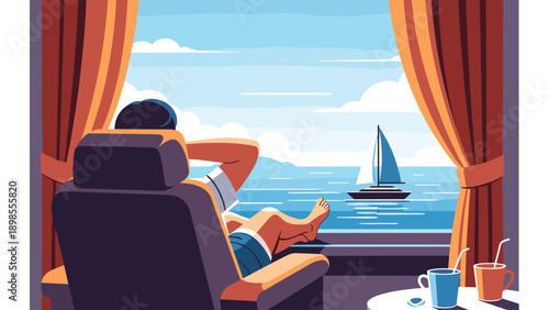 Person relaxing in a chair looking through a window at a calm blue sea with a sailboat in the distance under a sunny sky.