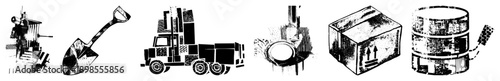 Shovel, dump truck, coffee grinder, shipping box, database server black and white vector for logistics, construction, and tech workflows.