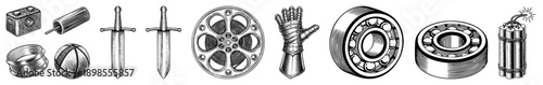 Classic mechanical objects including camera, swords, gear wheel, armored glove, ball bearings, and dynamite stick, rendered in vector style.