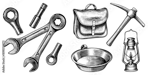 Hand drawn set of classic tools including wrenches, socket bits, satchel, pickaxe, metal pan, and oil lamp, rendered in detailed engraving style.