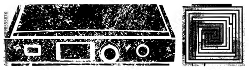 Retro radio device with grainy texture, rectangular dials, and concentric square maze design, vector illustration, isolated graphic element.