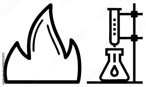 Fire and chemistry setup, lab apparatus, scientific symbols, educational graphics, research tools, experimental setup, chemistry.