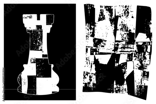 Bold graphic with fragmented geometric forms, distressed texture, high contrast design, modern art composition, digital vector illustration.