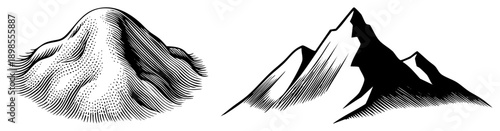 Mountain range silhouette with halftone shading and bold, vector illustration, graphic design element, nature, terrain symbol, black and white art, minimalist landscape.