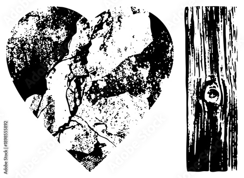 Cracked heart shaped globe with textured terrain, rustic wood grain plank, halftone style, isolated graphic, earth map silhouette, distressed design, vector art.