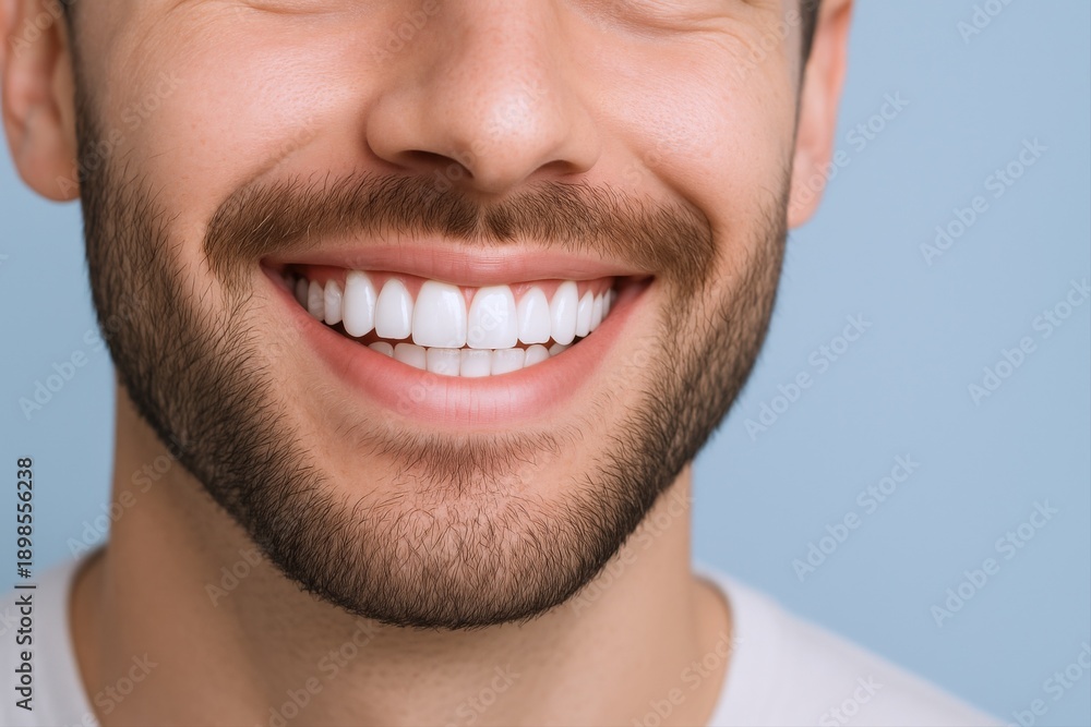 Fototapeta premium Close-up of a Man's Bright Smile with Perfect White Teeth, Showcasing Dental Health and Confidence