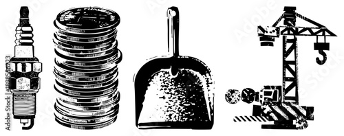 Spark plug, coin stack, dustpan, crane industrial and financial symbols rendered in stark vector art, ideal for graphic design or print.