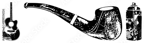 Classic acoustic guitar, ornate tobacco pipe, graffiti spray can, stylized black and white halftone, urban art tools, retro graphic design elements.