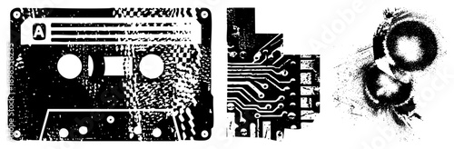 Grunge style vector of cassette tape, PCB, and headphones with halftone textures, digital nostalgia, tech retro, isolated graphic elements.