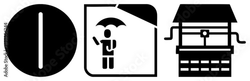 Flat vector showing power button, person with umbrella, and ticket booth, isolated design elements for UI or signage.