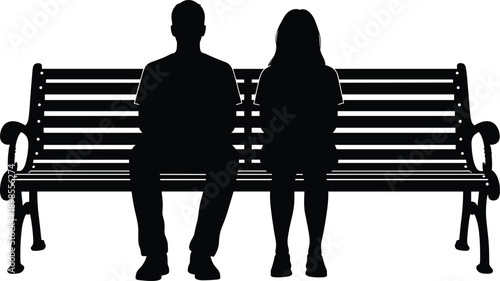 Couple sitting silently on bench silhouettes, emotional distance loneliness concept, relationship separation mood, quiet moment, black isolated minimal vector illustration