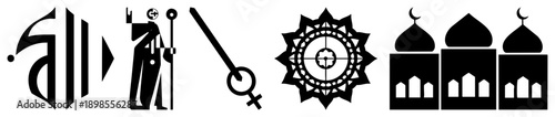 Black vector featuring Arabic script, religious figure, gender symbols, geometric mandala, mosque minimalist, symbolic, culturally specific design elements.