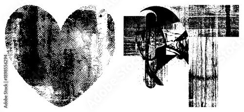 Black halftone heart and graphic, distressed texture, vector illustration, gritty design, symbolic, art.