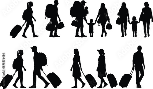 Family travelers silhouettes with luggage, airport walking poses, parents children journey concept, tourism vacation travel, black vector illustration collection