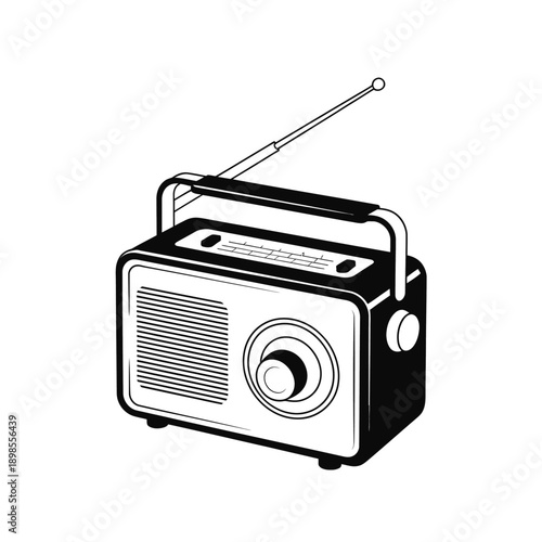 A black illustration of a vintage radio, featuring an old-fashioned design with an antenna and a large tuning dial.