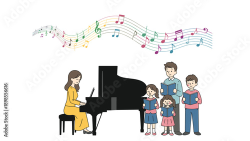 Woman playing a grand piano while a father and three children stand together singing from books in a cozy home music setting.