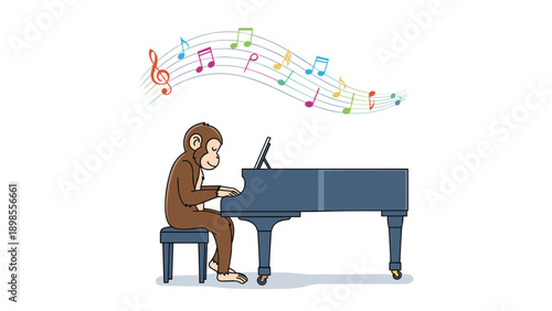 Clever monkey sitting on a stool and playing a grand piano while colorful musical notes float above in a whimsical artistic illustration.