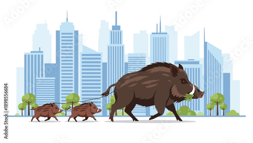 Large wild boar leading two small piglets through a modern city park with skyscrapers and trees in the background showing urban wildlife.