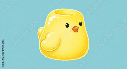Cute yellow chick shaped mug on light blue background smiling ceramic cup for spring or easter shiny surface