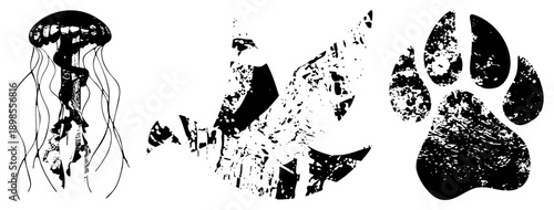 Distressed black vector jellyfish with flowing tentacles, jagged shark teeth, and textured paw print, all in gritty halftone style.