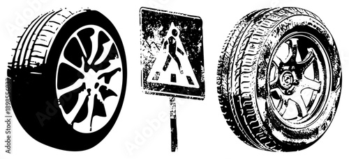 Two car wheels with detailed rims and tread, pedestrian sign with walking figure, halftone texture, urban traffic safety, vector illustration.