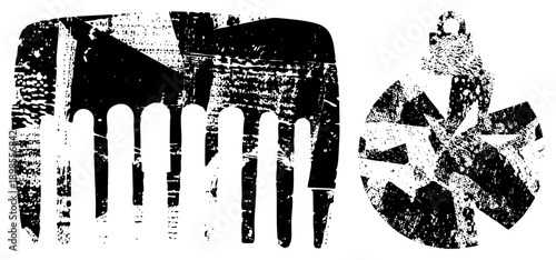 Black and white graphic of a comb with teeth and a circular pendant with geometric cutouts, both rendered with gritty halftone texture and distressed effect.