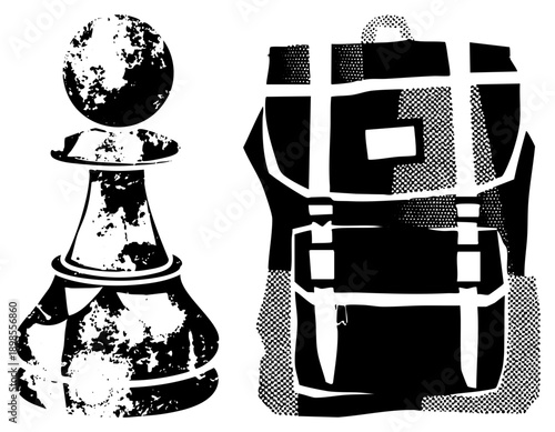 Travel themed chess pawn holding globe, adventure backpack, wanderlust symbol,, minimalist vector design, tourism graphic, journey motif.