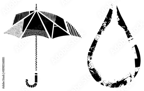 Graphic vector of umbrella and raindrop using halftone and distressed textures, design, weather symbols, isolated elements.