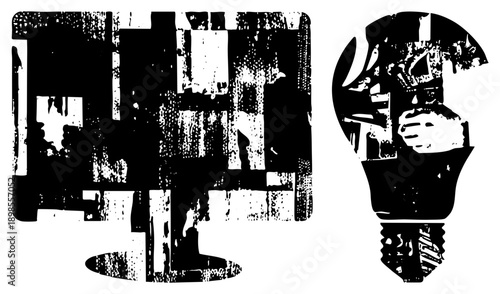 Graphic of monitor and bulb with gritty halftone effect, digital creativity symbol, tech concept art, vector illustration, black and white design.
