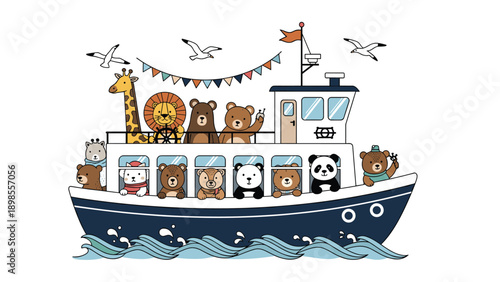 Variety of cute animals like giraffe, lion, bears, and panda traveling together on a large blue and white ship with flags and seagulls.