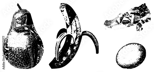 Black and white halftone pear, banana peel, crocodile head, and egg, stylized vector graphics, isolated food and animal motifs.