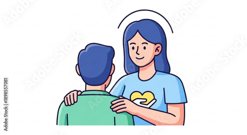 Woman with blue hair and a halo comforting a man with her arm around his shoulder in a supportive gesture