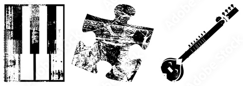 Stylized piano keyboard, jigsaw puzzle, sitar instrument, halftone texture, graphic design elements, isolated symbols, vector art.