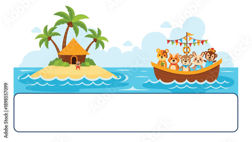 Group of cute cartoon animals on a wooden boat approaching a small island with a straw hut and palm trees on a calm blue ocean.
