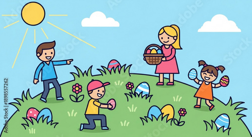 Children celebrate easter with colorful eggs on sunny hillside with family