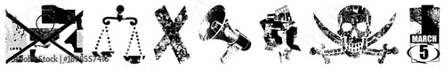 Graphic symbols including justice scale, megaphone, pirate skull, and date stamp, rendered in halftone texture, ideal for UI or print design.