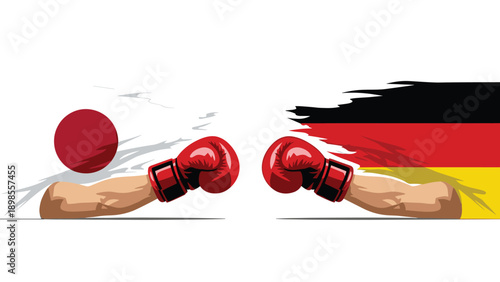 Red boxing gloves representing Japan and Germany clash in center as hands extend from respective national flag backgrounds.