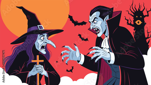 Evil witch holding wooden cross confronts menacing vampire with sharp fangs and claws under large orange moon at night.