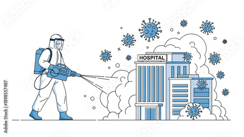Person in white hazmat suit sprays disinfectant towards hospital building to kill flying virus and bacteria characters in air.