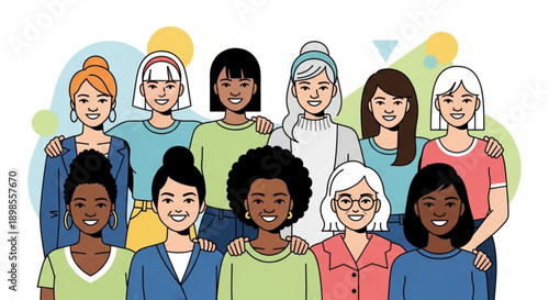 Diverse group of women standing together in unity and friendship with colorful background