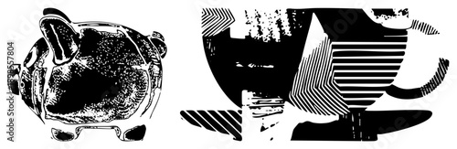 Retro style piggy bank with coin slot, textured ceramic surface, paired with stylized coffee mug featuring halftone stripes and abstract handle, vector art, design.