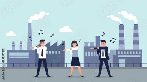 Group of factory employees in office wear doing morning stretches and exercises outside industrial plant with smoking chimneys.