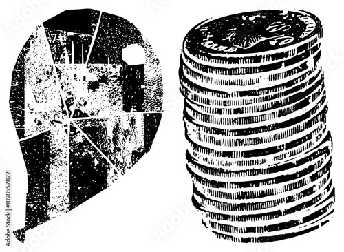 Vector illustration of stacked coins and fractured coin, halftone texture, financial, money symbol, economic graphic, black and white design.