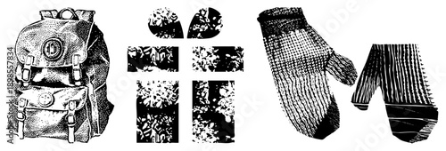 Retro style backpack with leather straps and emblem, paired with knitted mittens featuring halftone motifs, vector illustration, isolated elements.