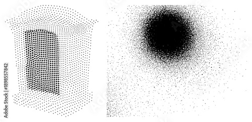Vector graphic using halftone dots to form abstract shapes, gradient density transition, isolated foreground, black and white, stylized dot art.